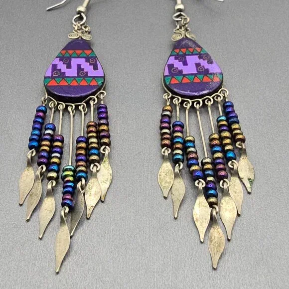 VTG Purple Southwestern Dangle Drop Earrings Beaded Fringe Tribal Pattern Design - Picture 2 of 7